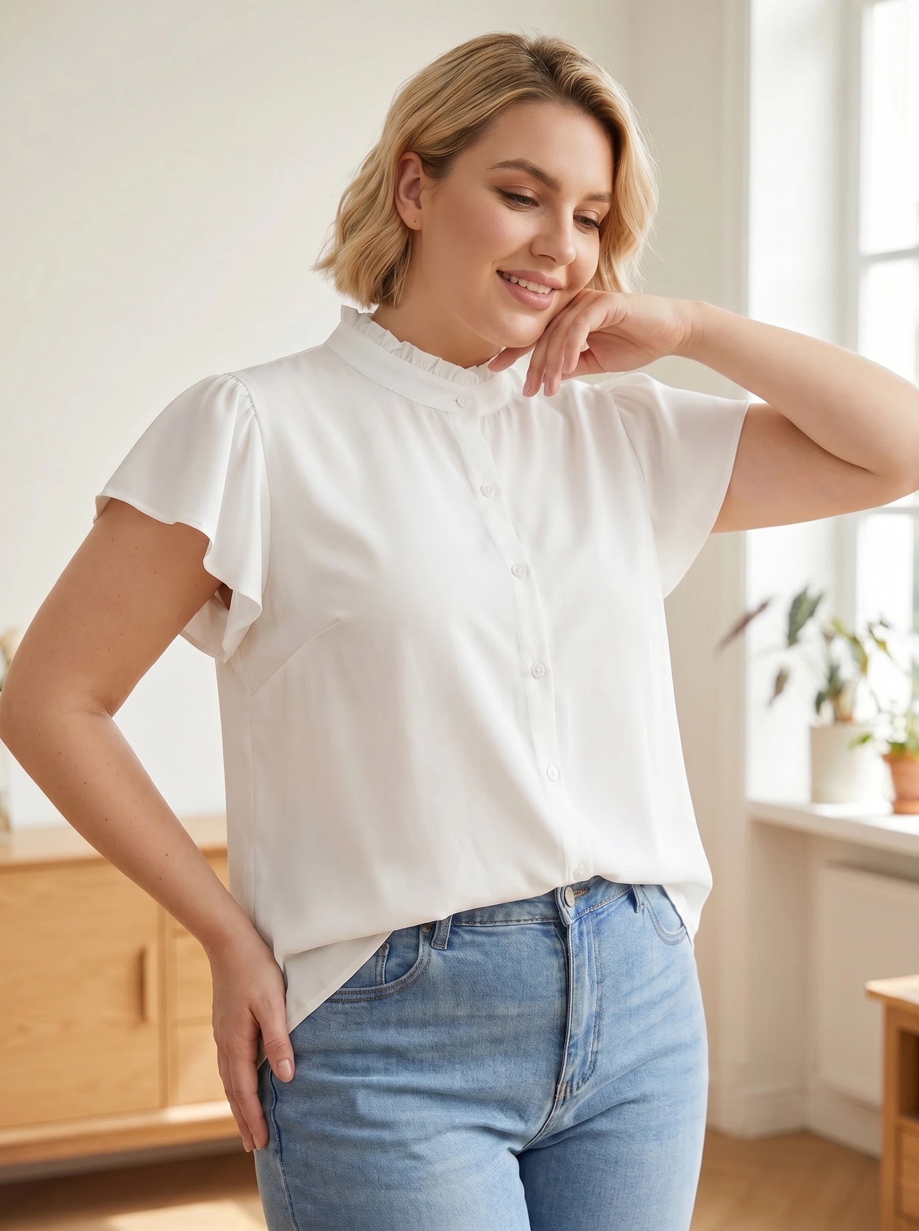Gadinus Plus Size Women's Flutter Sleeve Blouse Ruffle Collar Button Front Loose Fit Curved Hem Tunic Top