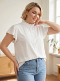 Gadinus Plus Size Women's Flutter Sleeve Blouse Ruffle Collar Button Front Loose Fit Curved Hem Tunic Top