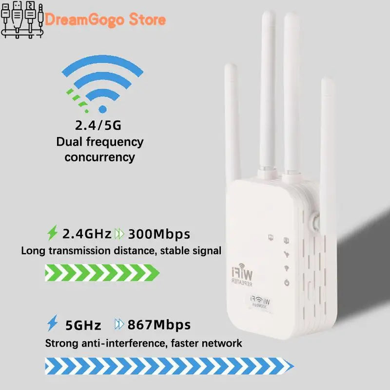 Repetidor WiFi de 300 Mbps, extensor WiFi inalámbrico, amplificador WiFi de 4 antenas, 5G, 2,4G, red de doble banda, enrutador de señal de largo alcance