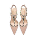 Zapatos de tacón alto con plataforma impermeable y punta puntiaguda para mujer, con remaches de 10 y 12 cm, con correa y hebilla, para verano de 2024.