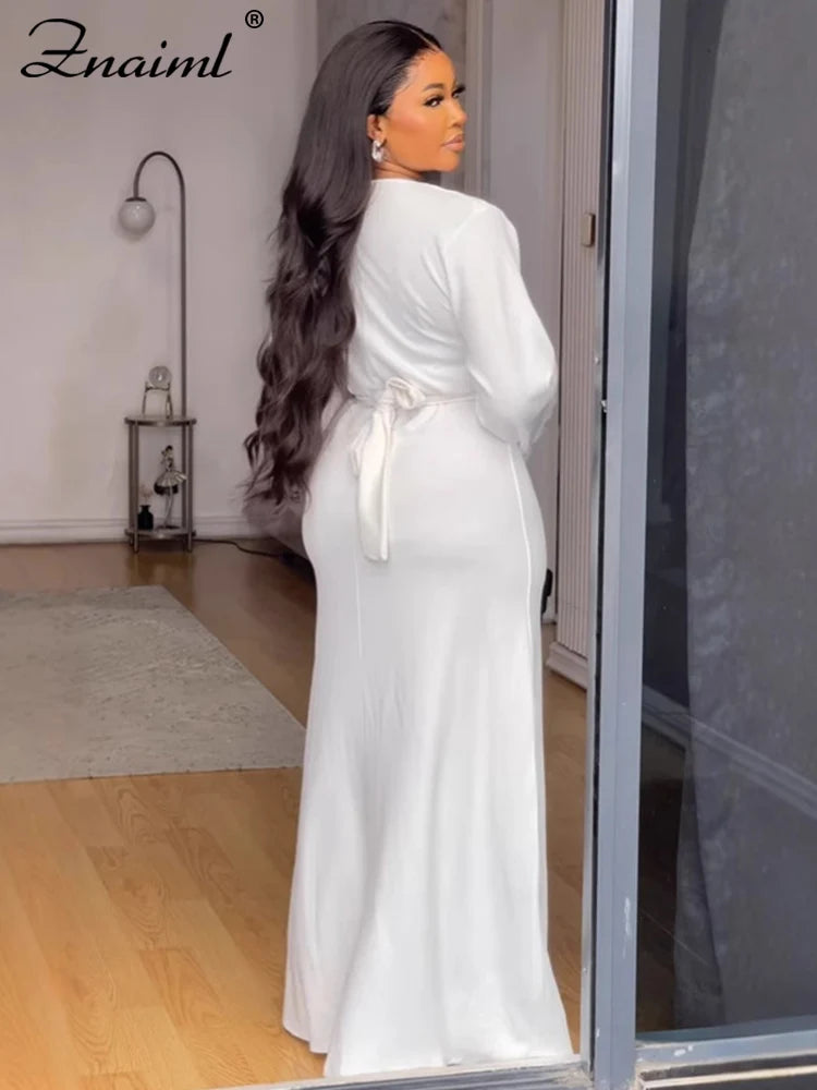 Znaiml Elegant Office Lady White Dresses V Neck Long Sleeve Single Breasted Button Slit Dress Women Fall Birthday Party Clubwear