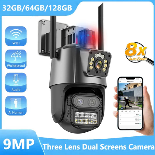 9MP PTZ Wifi Camera Three Lens Dual Screens Outdoor Surveillance CCTV Cameras AI Human Detect Security IP Camera Auto Tracking