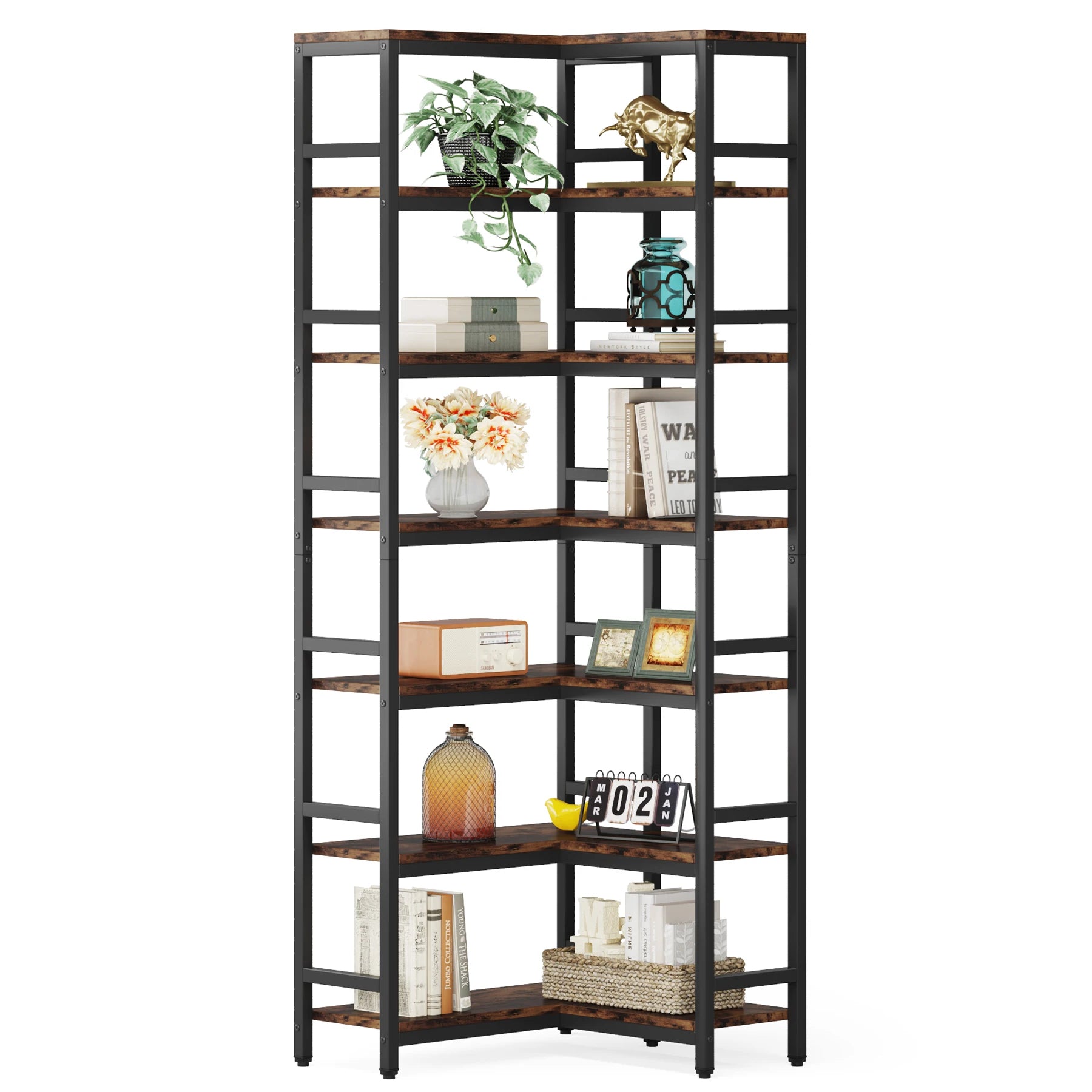 Tribesigns 7-Shelf Corner Bookshelf,Large Modern Corner Bookcase, 7-Tier Tall Corner Shelf Storage Display Rack with Metal Frame