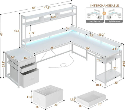 EnHomee L Shaped Gaming Desk with Drawers 66" Reversible Home Office Desks with LED Light &amp; Power Outlets White Computer