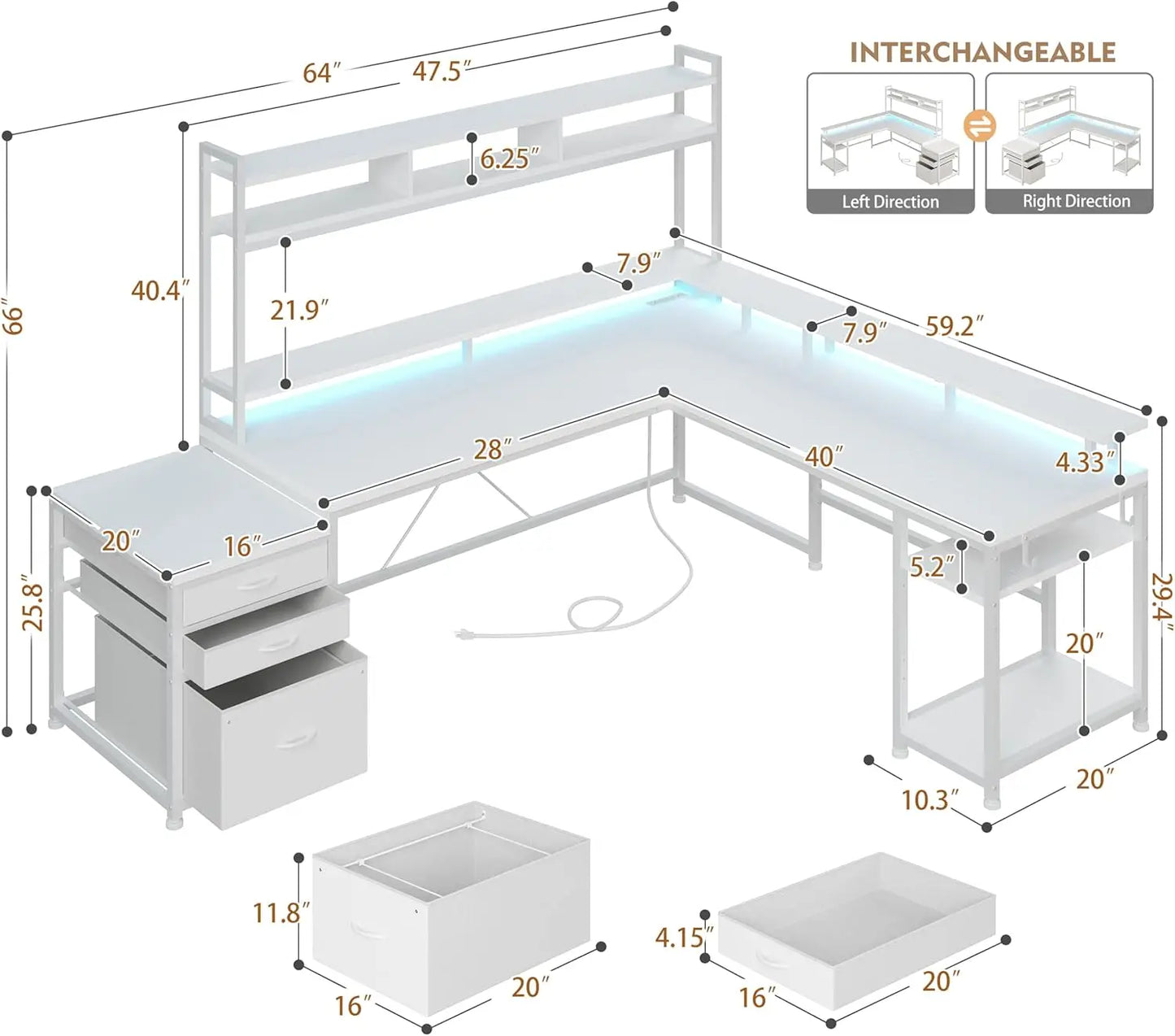 EnHomee L Shaped Gaming Desk with Drawers 66" Reversible Home Office Desks with LED Light & Power Outlets White Computer