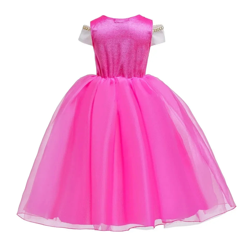 Girl Pink Dress Aurora Cosplay Costume Princess Deluxe Outfit Children Summer Brthday Party Elegant Gown Fairy Disguise Sets