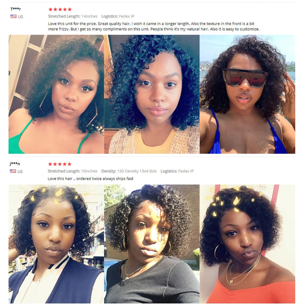Short 8 to 16 Inch Kinky Curly Bob Human Hair Wig Pre-Plucked T Part Lace Peruvian Curly Human Hair Bob Wigs For Women and Girls