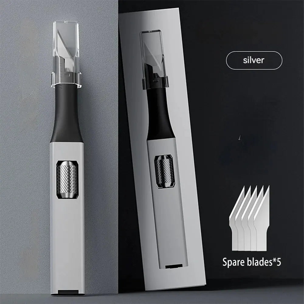 Cuchillo para trinchar con mango de aluminio en forma de bolígrafo, incluye 5 hojas con diseño de herradura que puedes reemplazar tú mismo.