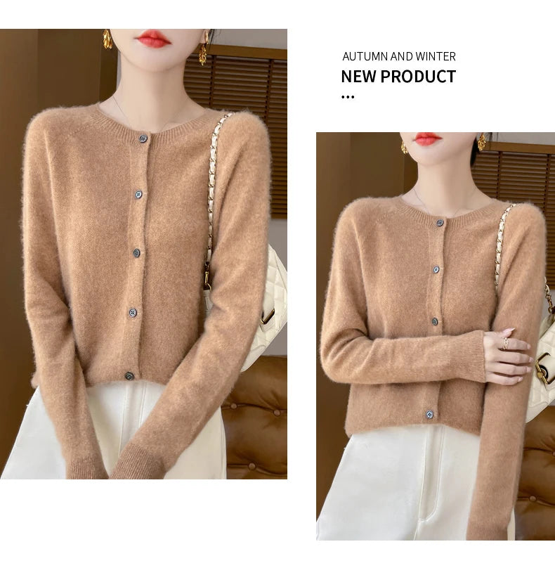 100% Merino Wool Long Sleeve Sweaters Cashmere Cardigan Spring Autumn Women O-Neck Knitwear Tops Clothing Fashion Basic Tops