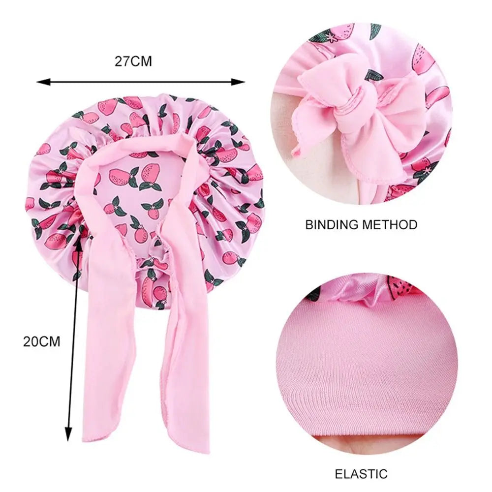 Kids Satin Bonnet Sleep Hat Silk Shower Cap for Child Hair Beanie At Night Boy Girls Flower Printed Silk Sleep Cap with Band Bow