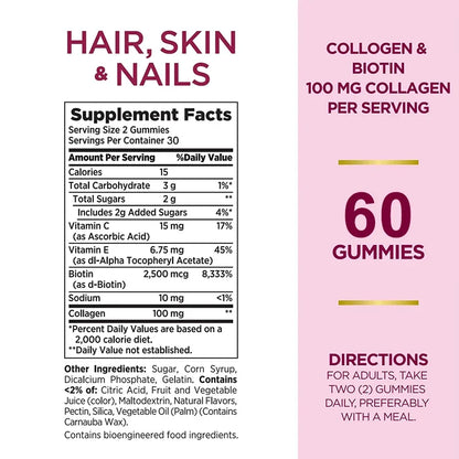 Hair, Skin & Nails Gummy Vitamins - Contains Biotin, Collagen - Promotes Hair Growth, Nourishes Skin, Strengthens NailsSupplemen