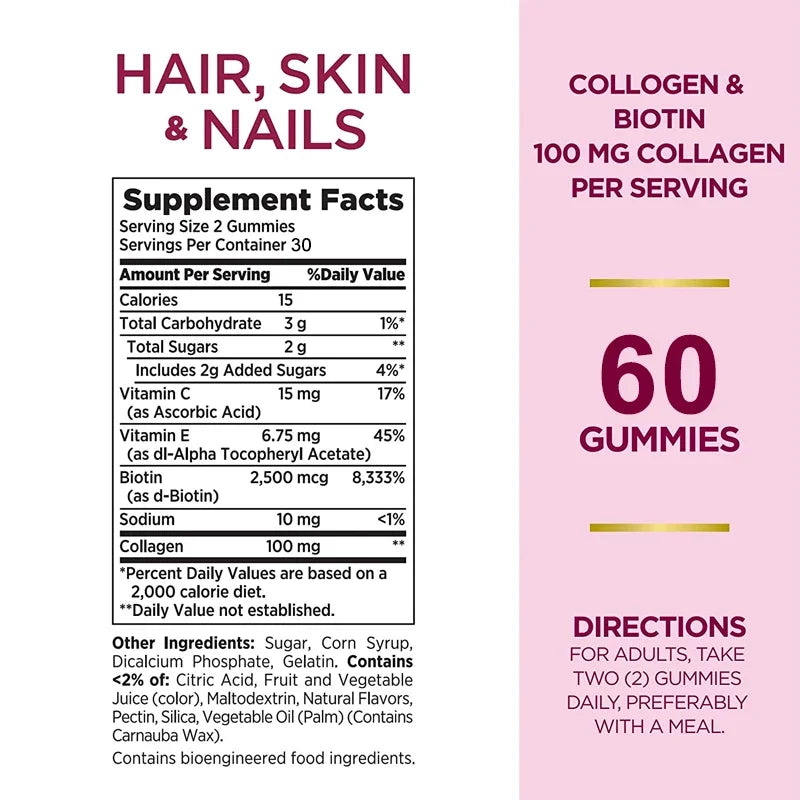 Hair, Skin & Nails Gummy Vitamins - Contains Biotin, Collagen - Promotes Hair Growth, Nourishes Skin, Strengthens NailsSupplemen