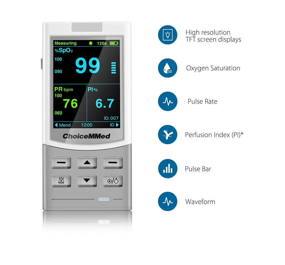 Oxímetro de pulso portátil recargable ChoiceMMed Medical, monitor de salud SPO2 PI PR para adultos, niños, bebés y recién nacidos.