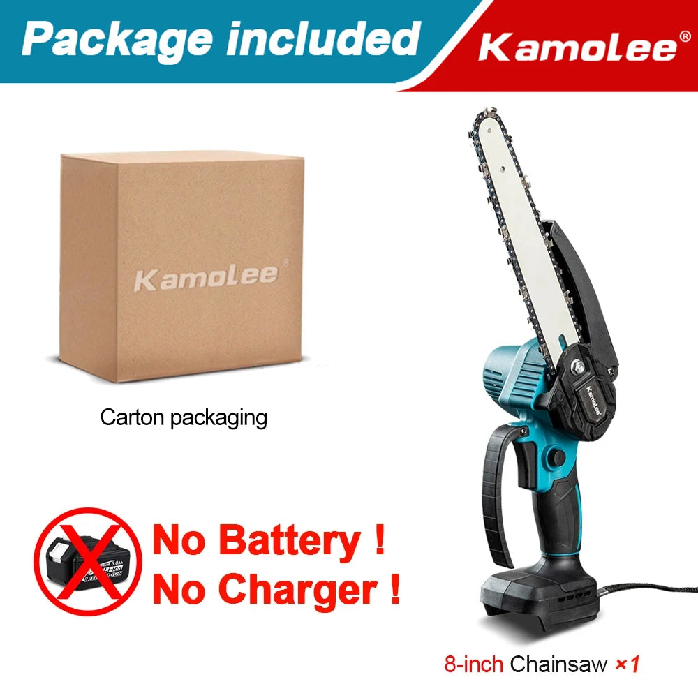 Kamolee serra elétrica sem escova, 8 espaços, mini motosserra, cortador de madeira, ferramenta elétrica de poda de jardim para makita, bateria de 18v