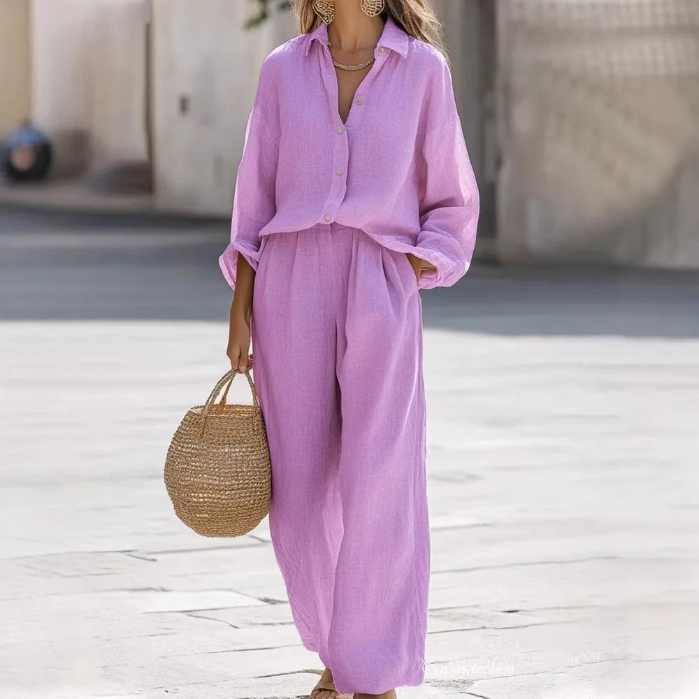 2 pieces women sets 2026 New casual lapel long-sleeved shirt+long pants cotton suit sets women's clothing
