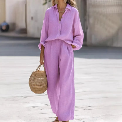 2 pieces women sets 2026 New casual lapel long-sleeved shirt+long pants cotton suit sets women's clothing