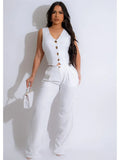 Fashion Sleeveless Vest Pants Women's Solid Color Suit Spring Summer V-Neck Ultra Short Top + Slim Pants Female Office 2 Piece Set