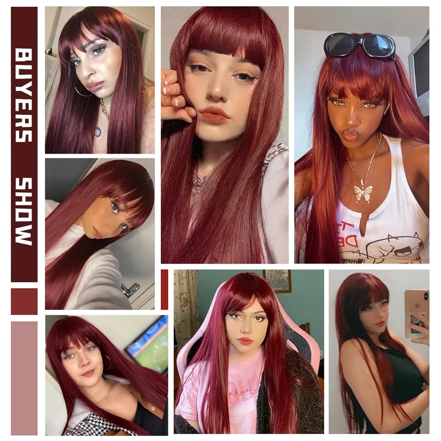 Light Wine Red Synthetic Wigs With Bangs for Women, Long Straight Hair Wig, Natural Cosplay Party, Heat Resistant