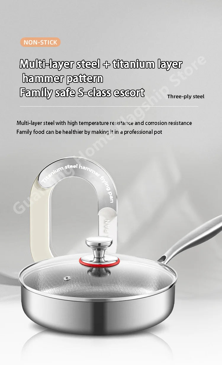 Titanium Stainless Steel Frying Pan Nonstick Wok Uncoated Pot Egg Steak Skillet Home Induction Cooker Gas Stove Kitchen Cookware