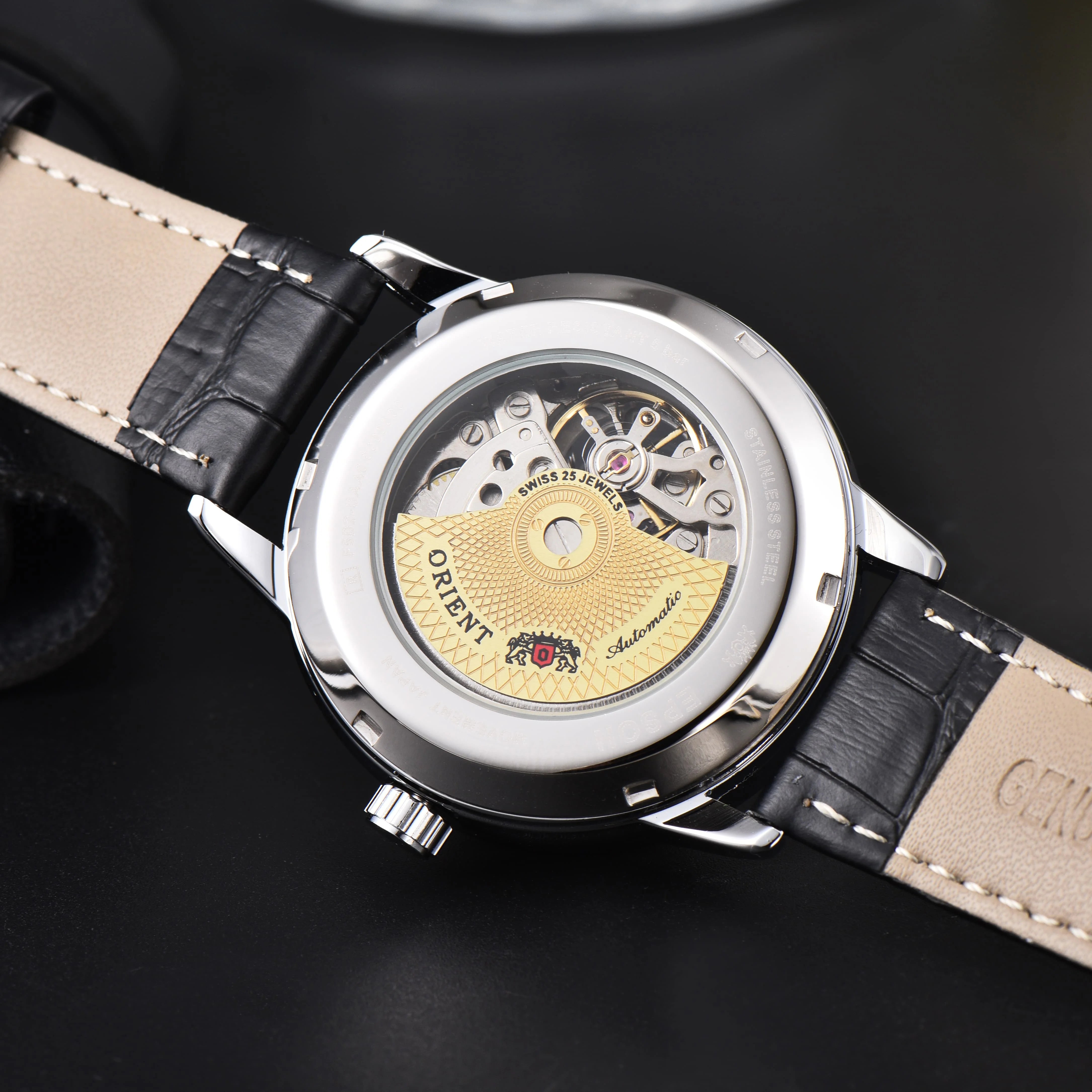 Orient Sun & Moon Semi Skeleton Automatic Watch Men's White Dial Black Leather Strap Sapphire Crystal 50M Water-Resistant Dress Watch