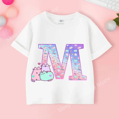 Pusheens Short Sleeve T-shirt for Girls from A to Z, Anime Cat, Summer Clothes, Outdoor Sport, New, Gift for Kids, Special Sale 