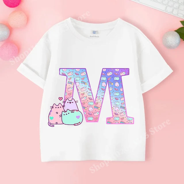 Pusheens-manga curta t-shirt para as meninas de a a z, anime gato, roupas de verão, esporte ao ar livre, novo, presente para as crianças, venda especial