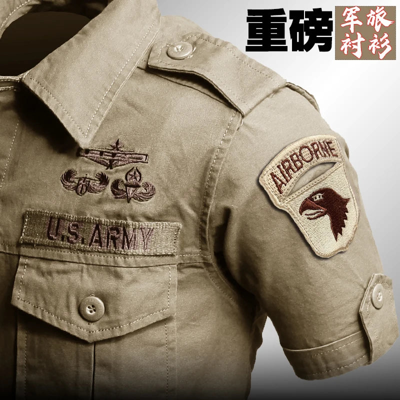 Short Sleeved Shirts Men Tactical T-shirt Spring Summer Workwear Cotton Vintage Shirt  Army Embroidery Pocket Cargo Tees