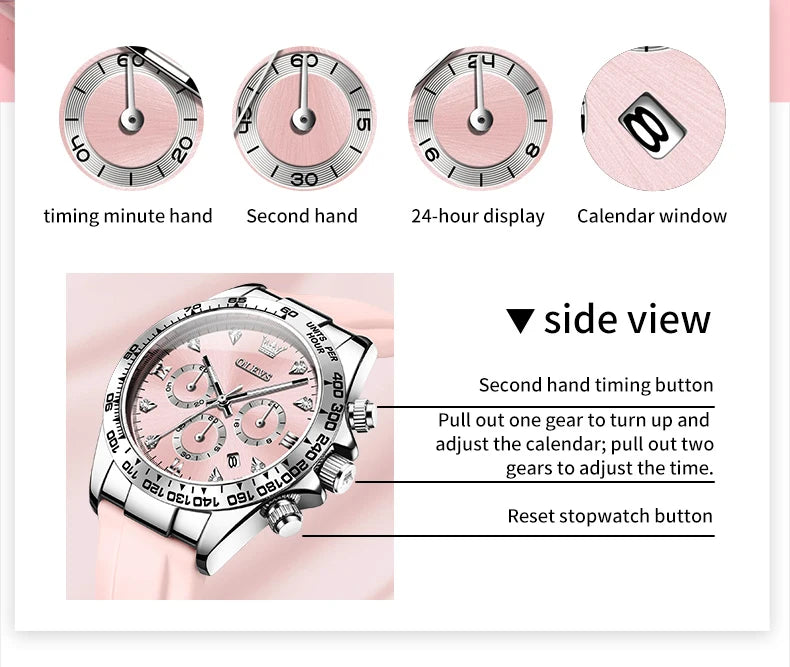Relógio feminino de Olevs de luxo pulseira de silicone cronógrafo multifuncional calendário a prova de agua 5618