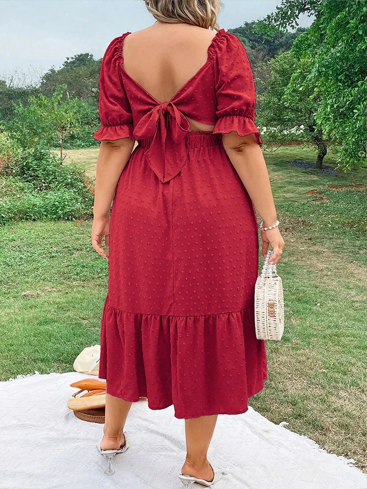 Plus Size Women's Pure Color Wrap Ruffle Hem Midi Dress Square Neck Backless Short Sleeve Dress Elegant temperament