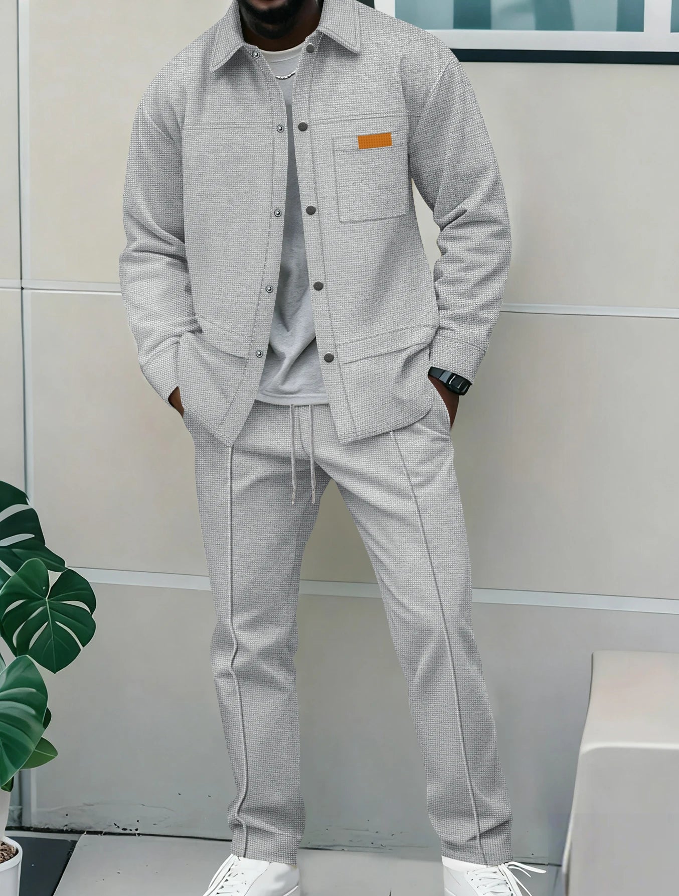 Men's Textured 2 Piece Outfits Lapel Collar Button Down Shirt Jacket & Drawstring Pants Set Casual Streetwear Tracksuit
