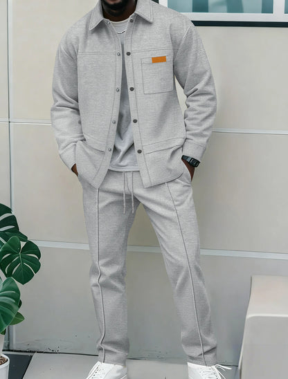 Men's Textured 2 Piece Outfits Lapel Collar Button Down Shirt Jacket & Drawstring Pants Set Casual Streetwear Tracksuit