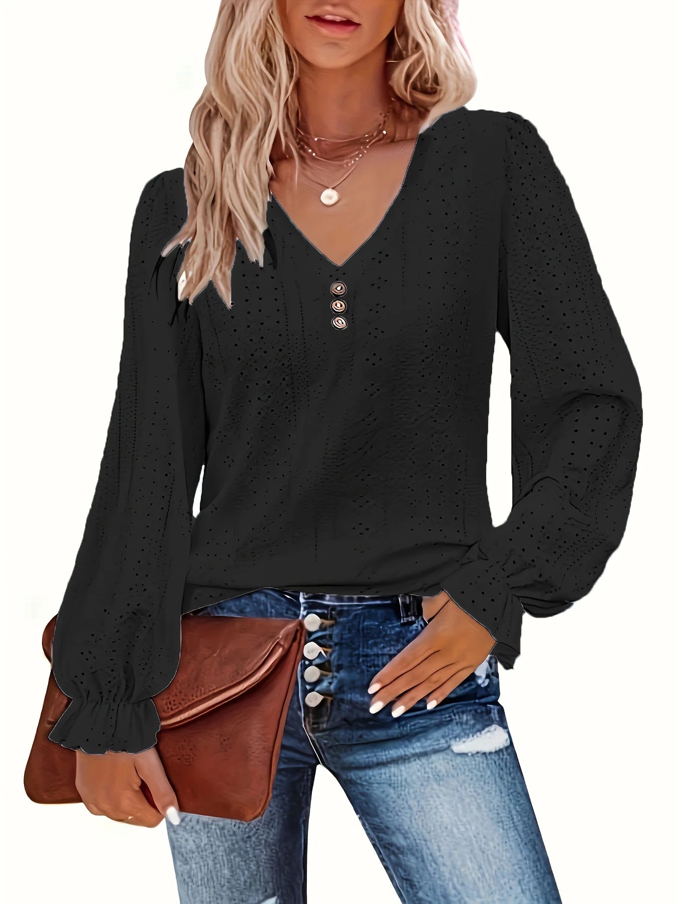 Plus size ilhó botão decoração camiseta casual decote em v manga longa topo para primavera e outono roupas femininas plus size
