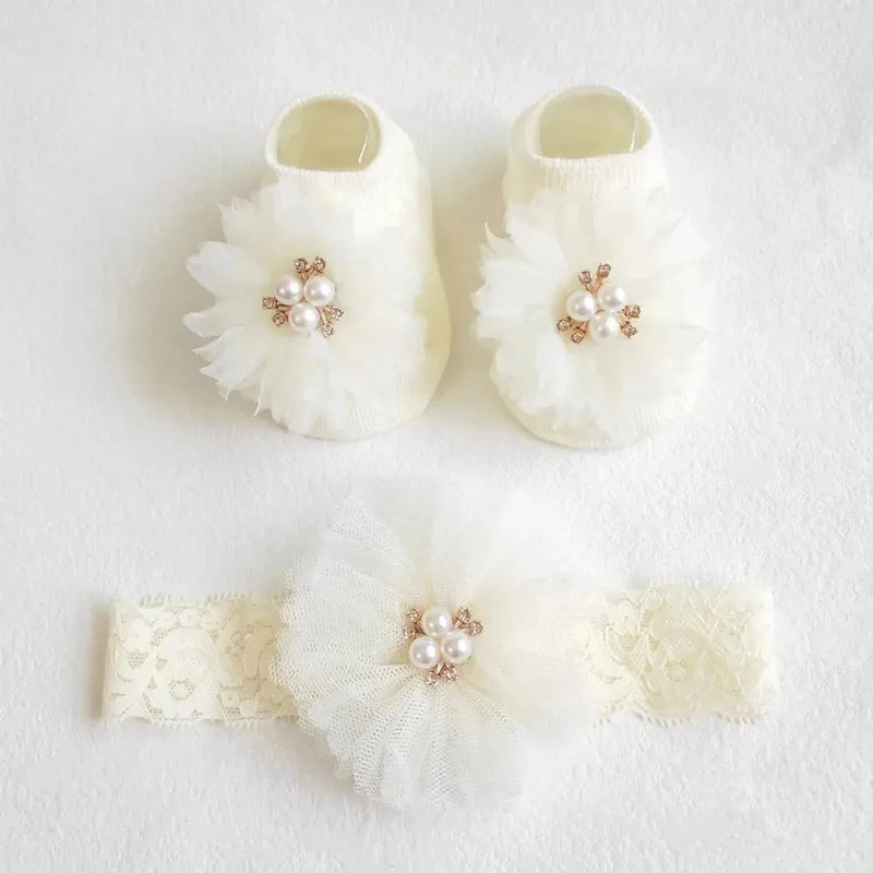 Lovely Pearl Bows Baby Headband Socks Set Non Slip Cotton Sock Lace Flower Newborn Hair Band Turban Girl Hair Accessories