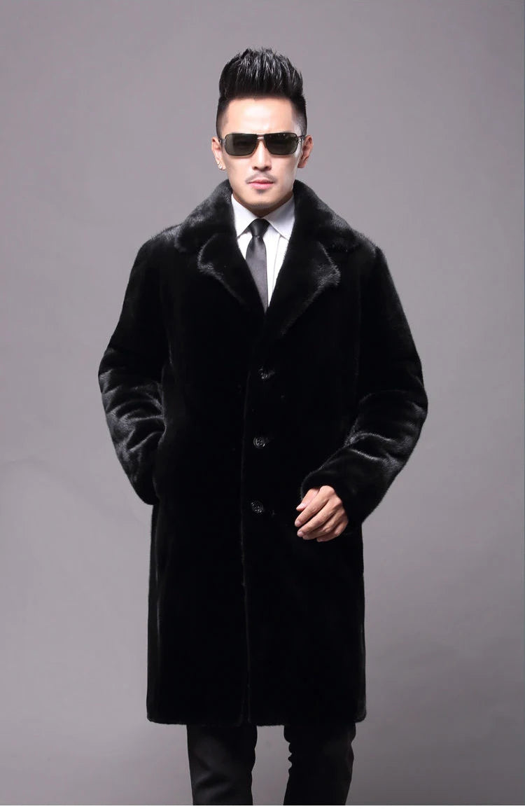 Abrigo largo de piel de visón cálido de invierno para hombre, chaqueta gruesa, cortavientos informal holgado