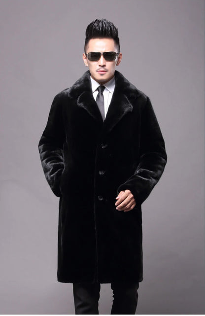 Abrigo largo de piel de visón cálido de invierno para hombre, chaqueta gruesa, cortavientos informal holgado