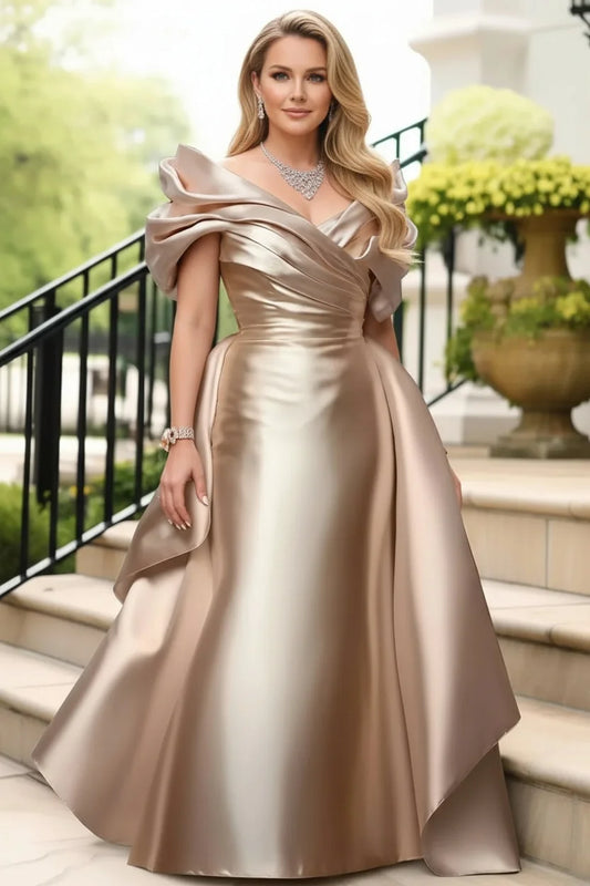 Plus Size Satin Evening Dress for Women's Off Shoulder Puff Sleeve Solid Elegant Cocktail Wedding Guest Maxi Dresses