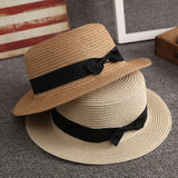 COKPanama Simple Summer Beach Sun Protection Bowknot French-Style Small Hat, Women's Casual Flat-Brimmed Straw Hat with Bow