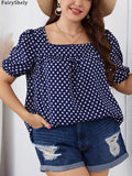 Fairyshely 2025 Summer Casual Print Plus Size Top Women Square Collar Loose Large T-shirt Lady Short Sleeve Elegant Curvy Tops