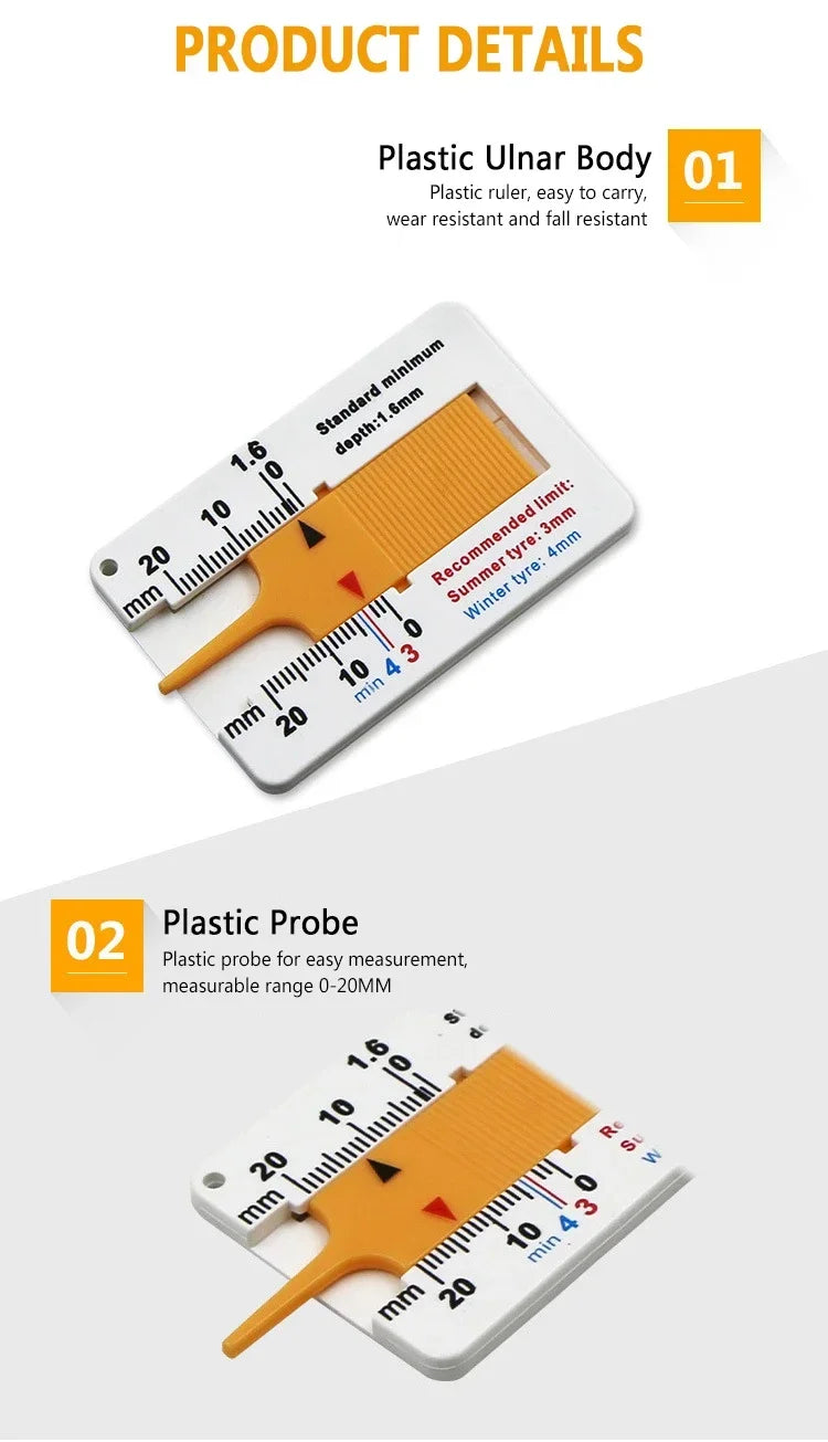 Calibrador de profundidad de la banda de rodadura de neumáticos de 0 a 20 mm, regla de plástico, herramienta de medición de profundidad para neumáticos de motocicletas y camiones. 