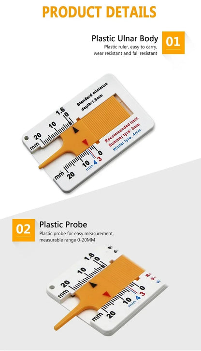 Calibrador de profundidad de la banda de rodadura de neumáticos de 0 a 20 mm, regla de plástico, herramienta de medición de profundidad para neumáticos de motocicletas y camiones. 