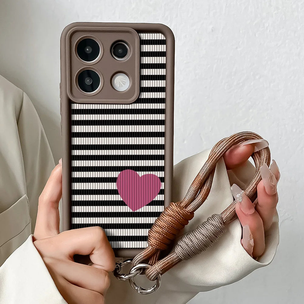 Phone Case For Xiaomi 14T 13T 15 Pro Poco X7 f6 m6 Redmi 14C Note 14 Pro Plus Stripe Love Heart Wrist Chain Strap Lanyard Cover