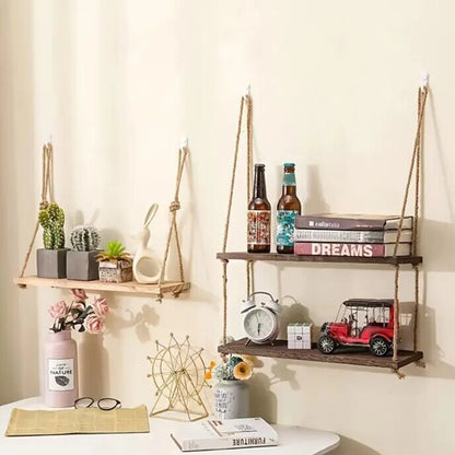 Wooden Floating Shelves for Wall Plant Flower Wood Swing Hanging Rope Storage Home Living Room Decor 1/2/3-tier