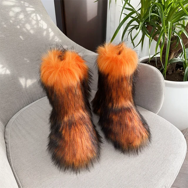 Botas de nieve de mapache para mujer, zapatos de media caña para exteriores, nuevas botas de invierno de una pieza 
