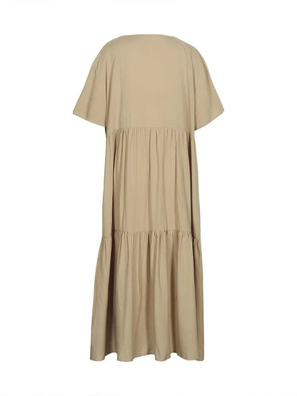 Plus Size 2025 Summer New V-neck Short Sleeve Pleated Solid Colour Loose Casual Midi Dress Basic Hem Pleated
