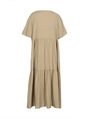 Plus Size 2025 Summer New V-neck Short Sleeve Pleated Solid Colour Loose Casual Midi Dress Basic Hem Pleated