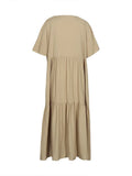 Plus Size 2025 Summer New V-neck Short Sleeve Pleated Solid Colour Loose Casual Midi Dress Basic Hem Pleated