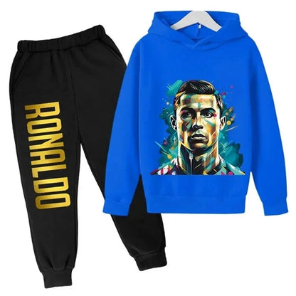 Autumn and winter Ronaldo creative printed children's hoodie set autumn and winter warm fleece hooded pants two-piece set sports