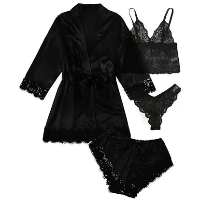 Pijama de 4 piezas para mujer, con bata, lencería sexy de encaje, bata de baño de seda satinada, ropa de dormir para el hogar.