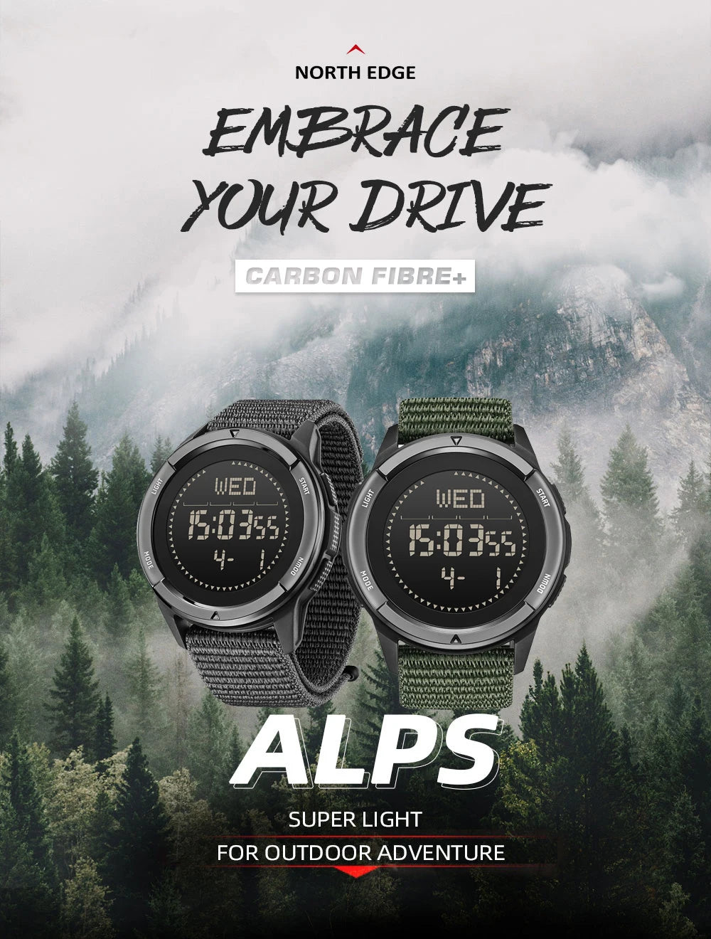 NORTH EDGE ALPS Reloj digital de fibra de carbono para hombre, resistente a golpes, deportivo, militar, superligero, con brújula para exteriores, resistente al agua hasta 50 m.