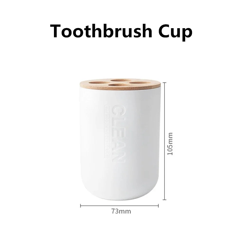 Juego de accesorios de baño, dispensador de loción y jabón de diseño, soporte para cepillo de dientes, jabonera, vaso o botella de madera, taza, negro, blanco y gris.